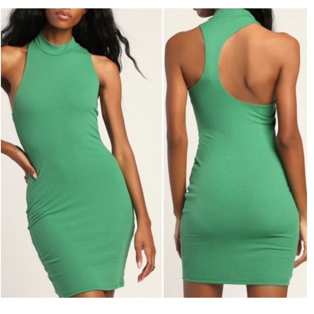 Lulus Dress Womens Small Green Halter Ribbed Short Sleeve Bodycon NEW